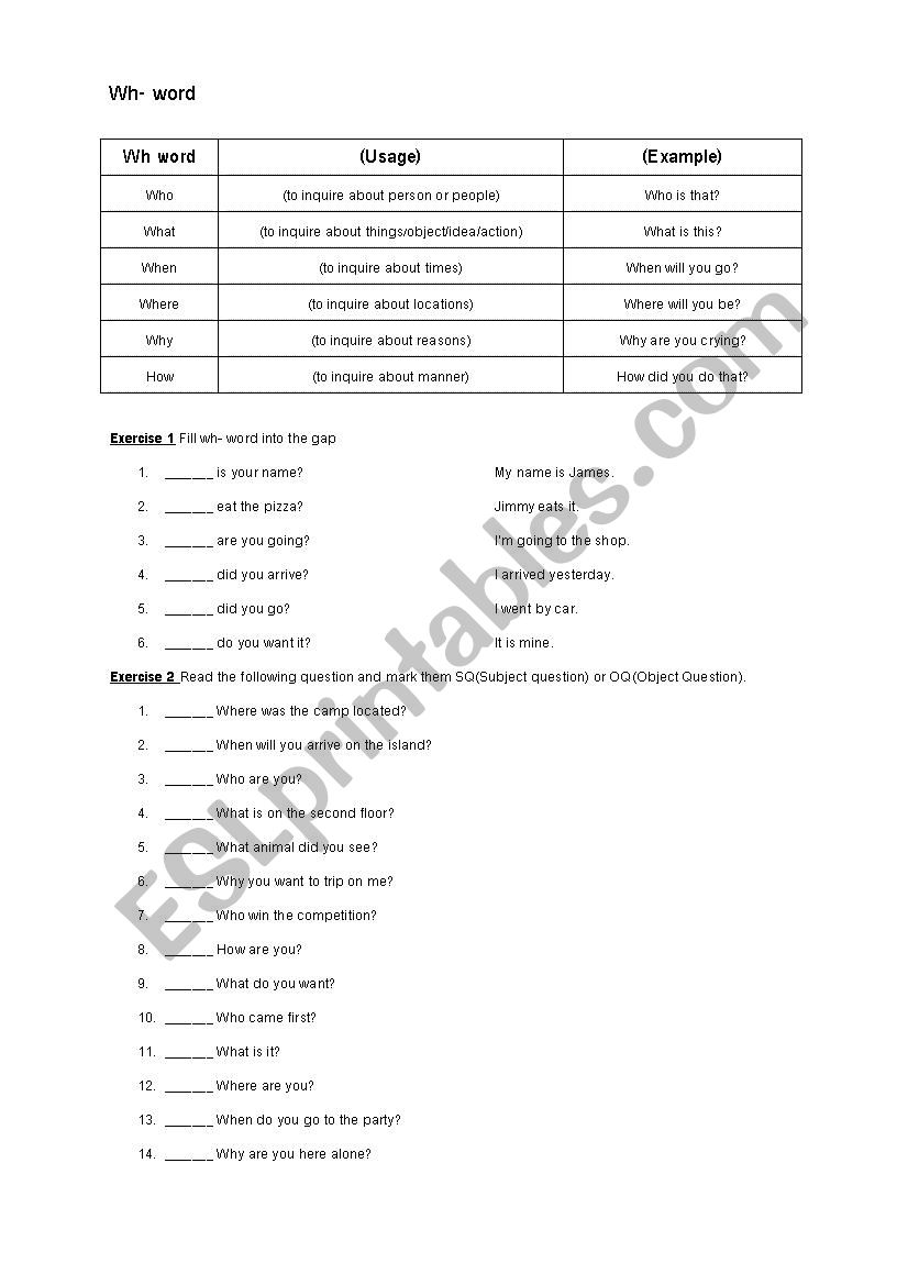 Wh word and Subject&Object question