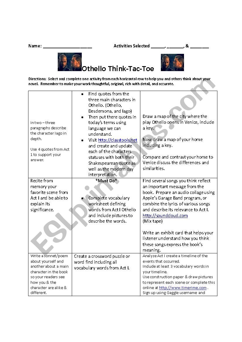 Othello Choice Board worksheet