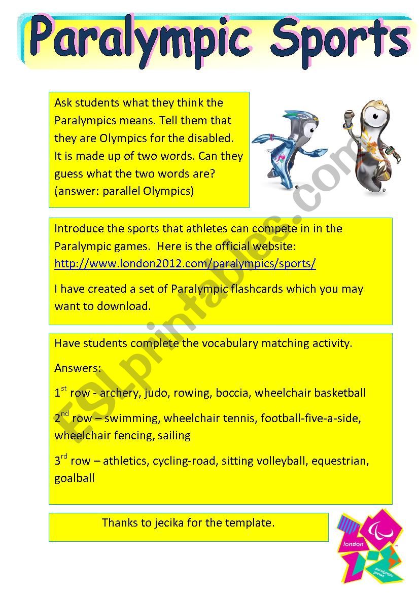 Paralympic Sports - Vocabulary Matching