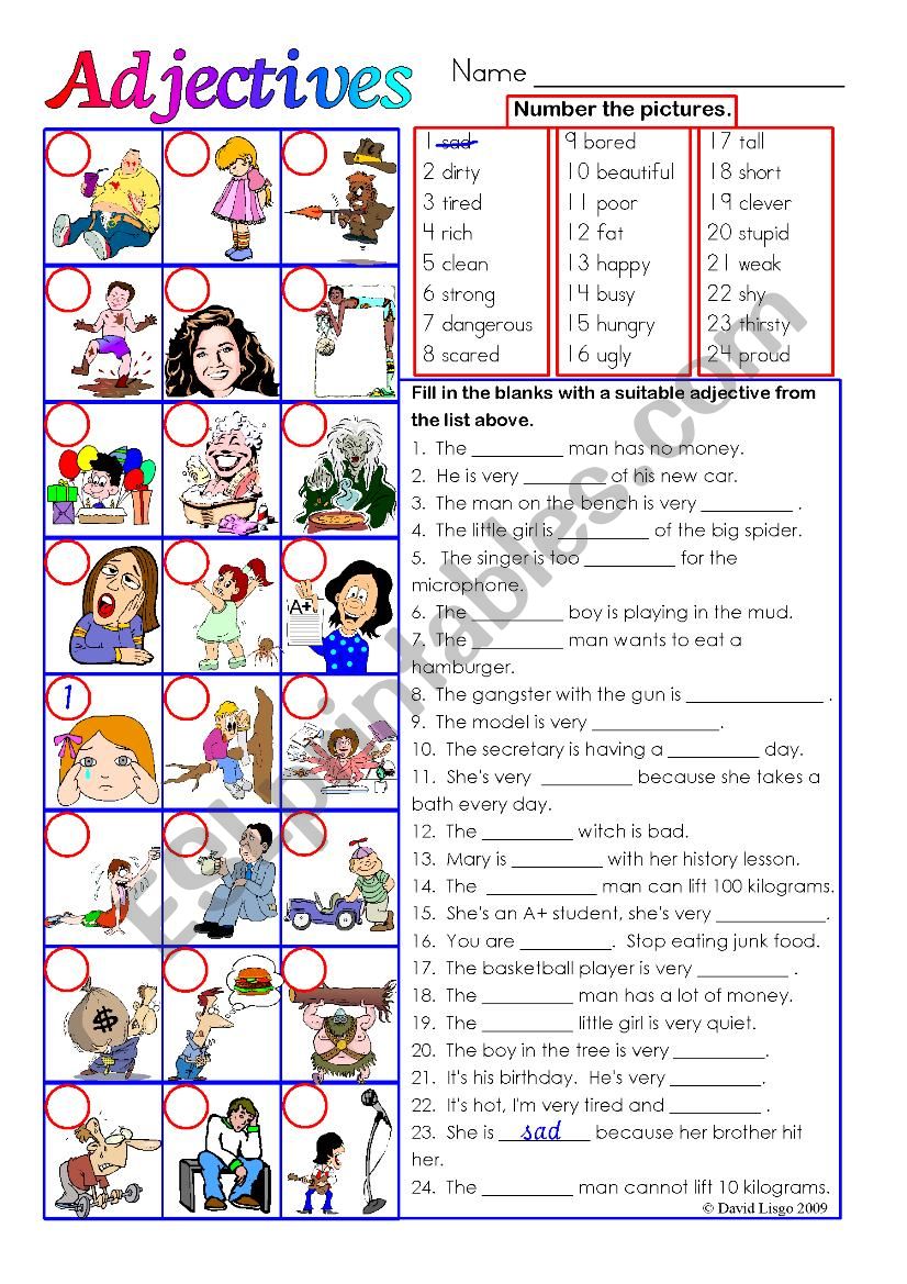 Adjectives in colour and greyscale with key