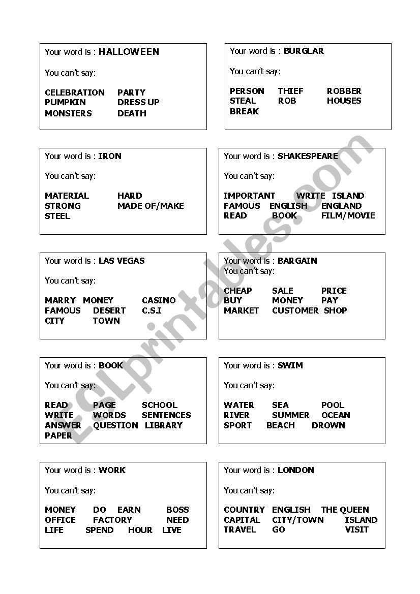 Lets play TABU worksheet