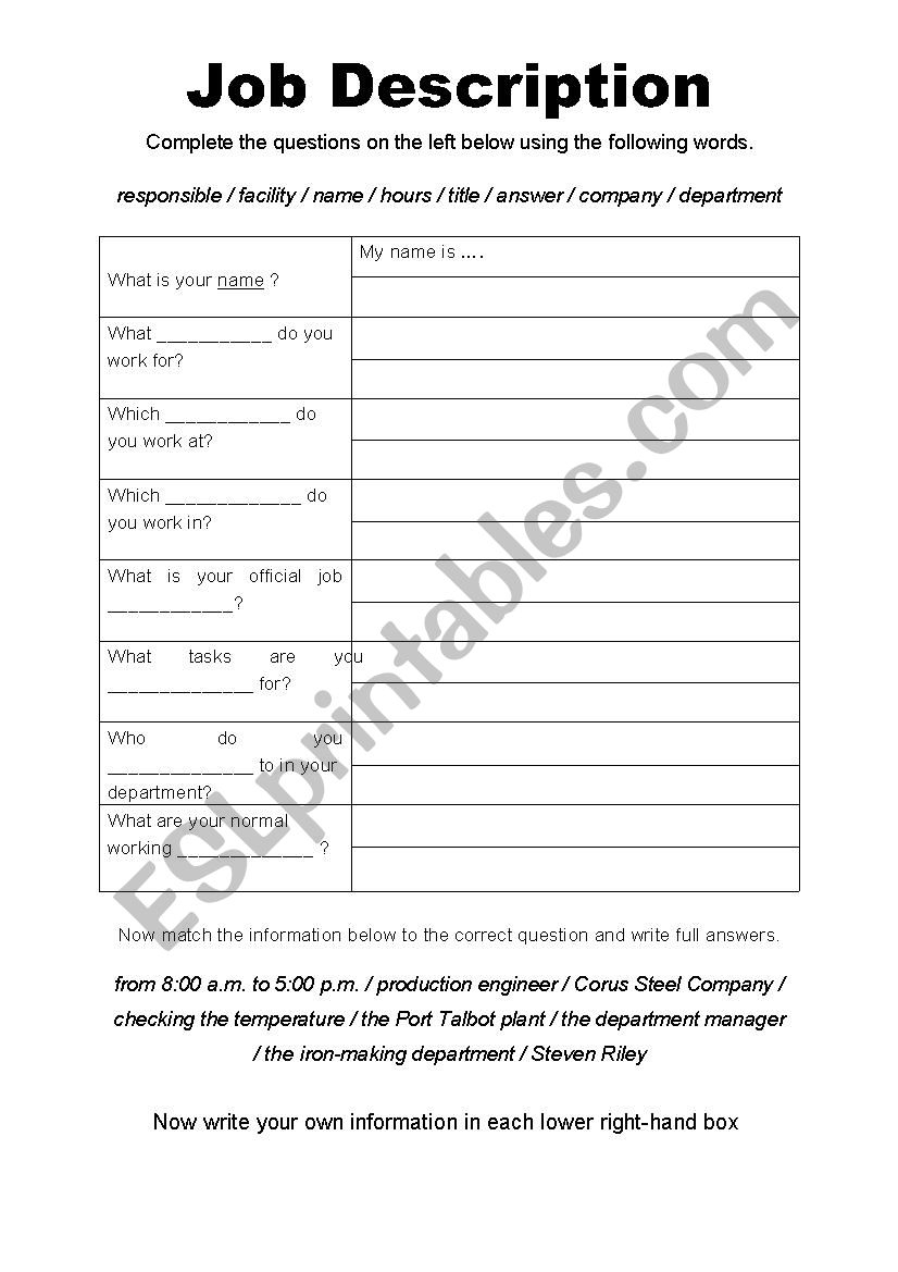 Job Description worksheet