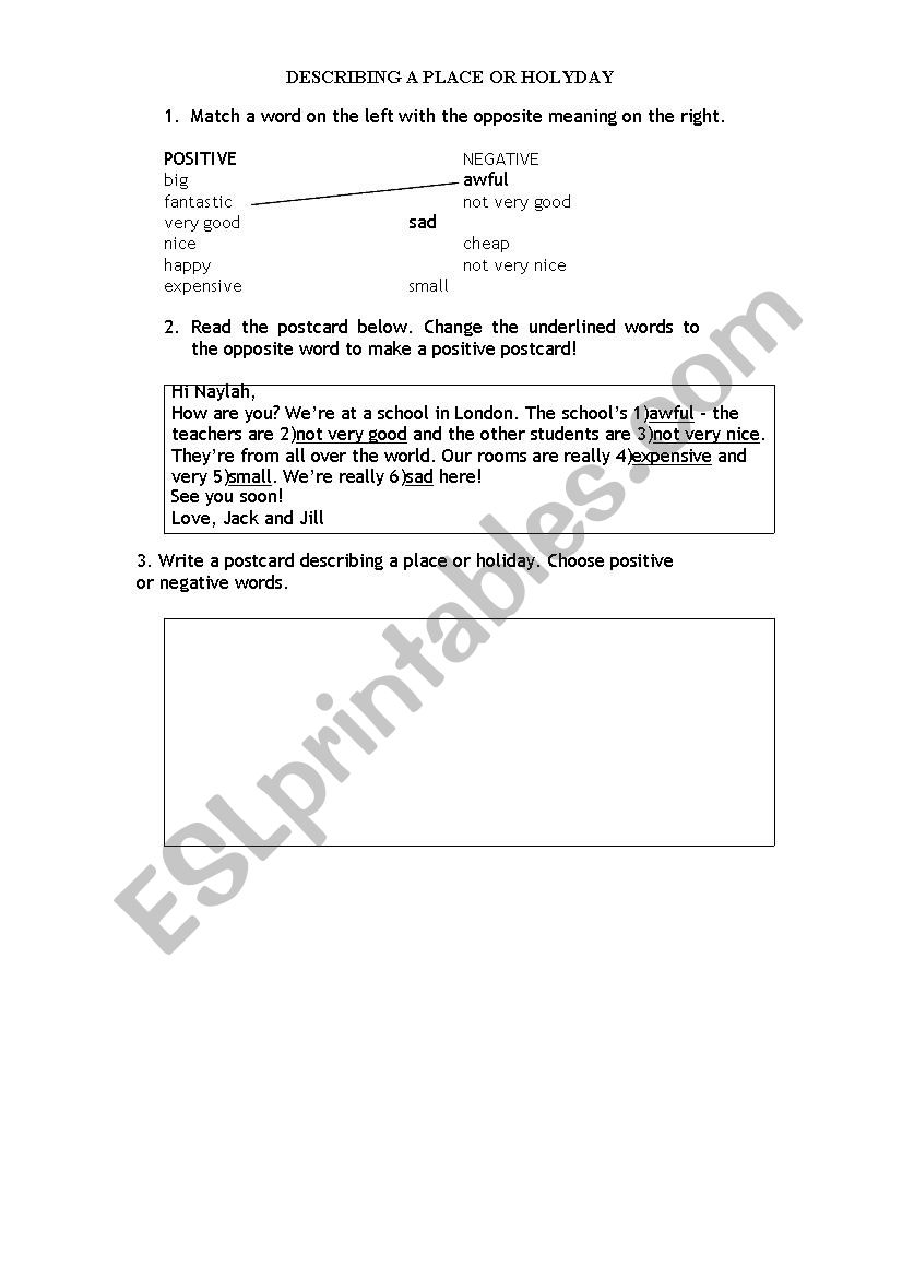 DESCRIBING A PLACE OR HOLYDAY worksheet