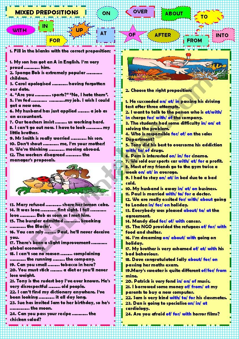 Mixed prepositions (+  key) worksheet