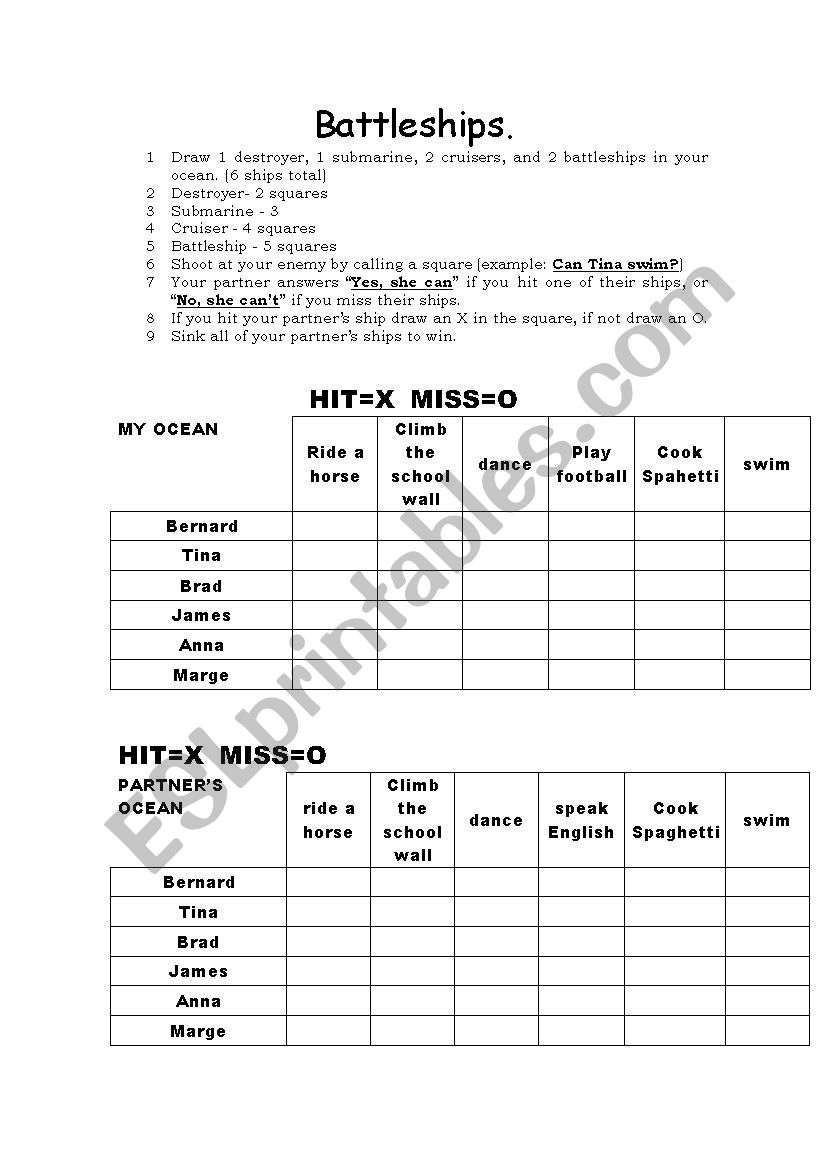 BATTLESHIPS worksheet