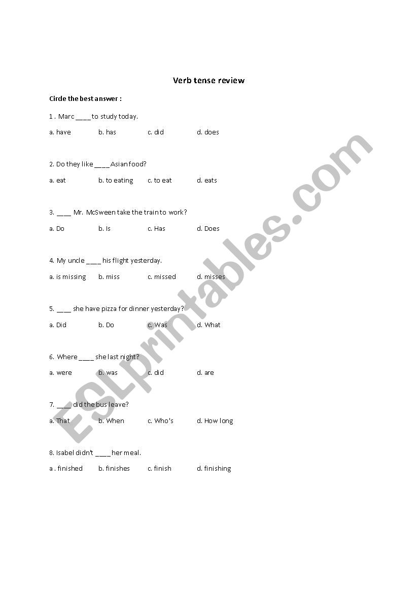 Verb tense review worksheet