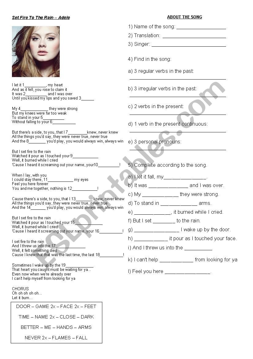 Adele - Set fire to the rain worksheet