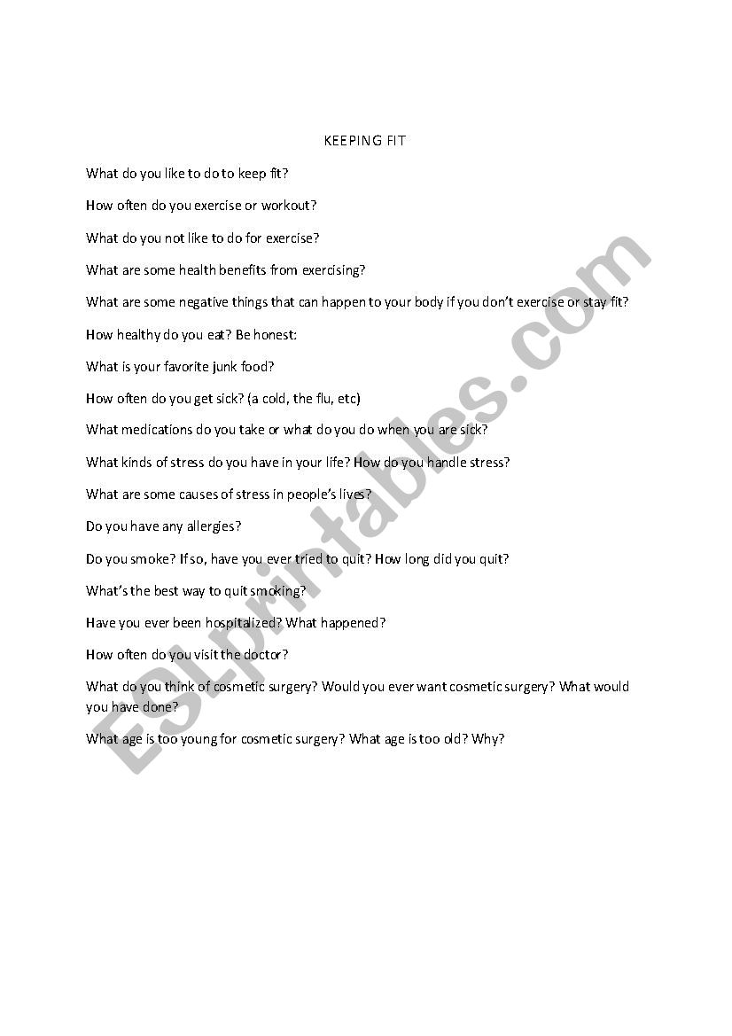 KEEPING FIT DISCUSSION WORKSHEET