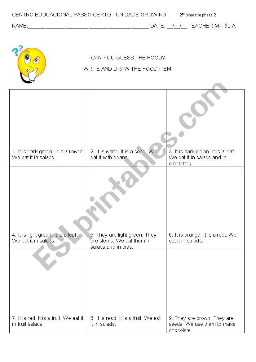 Guess the food worksheet