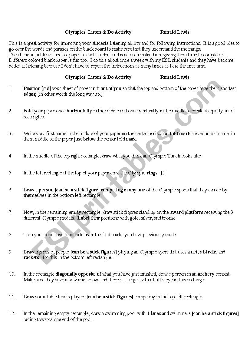 Olympics Listen  &  Do worksheet