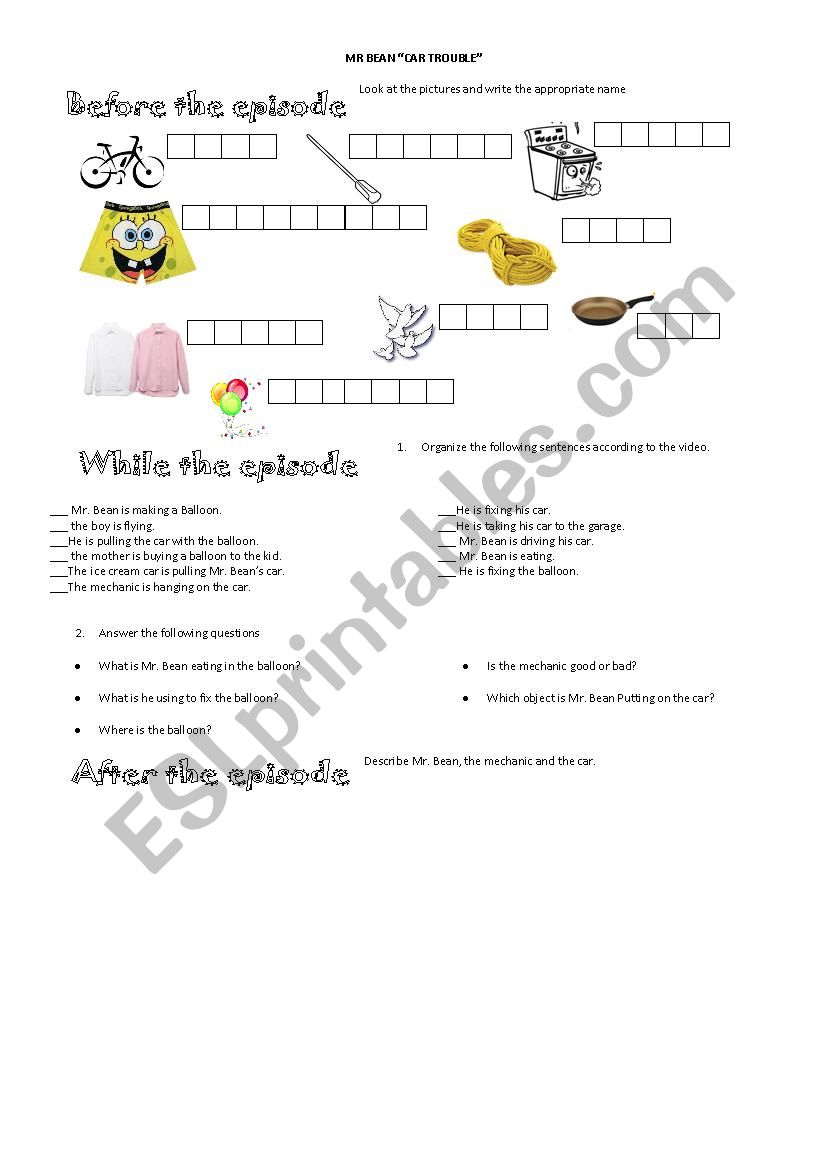 mr bean car trouble worksheet