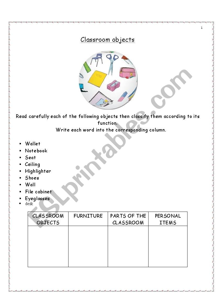 USES OF CLASSROOM OBJECTS worksheet