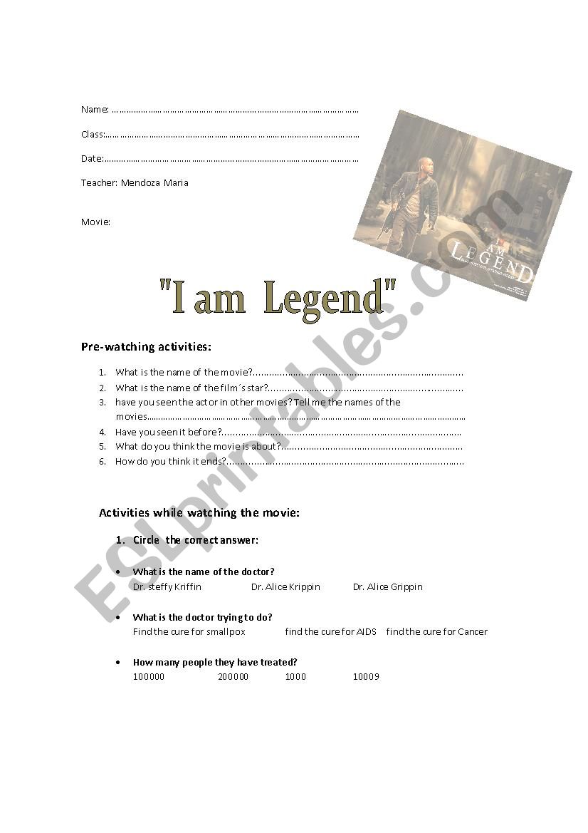 i am legend worksheet