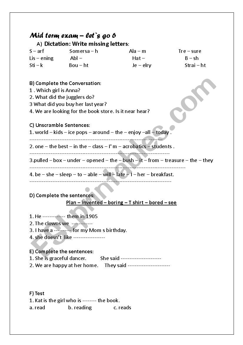 mid term exam - letÂ´s go 6 worksheet