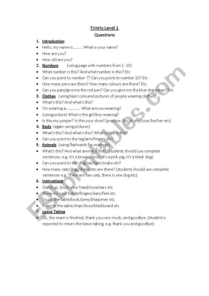 Trinity Level 1 Question Sheet