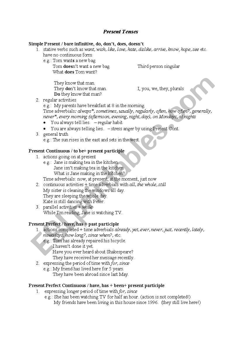 English Tenses and Use worksheet