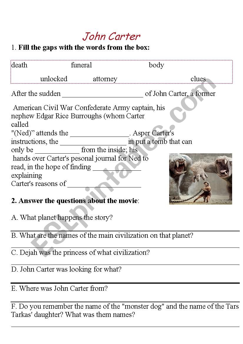 John Carter worksheet