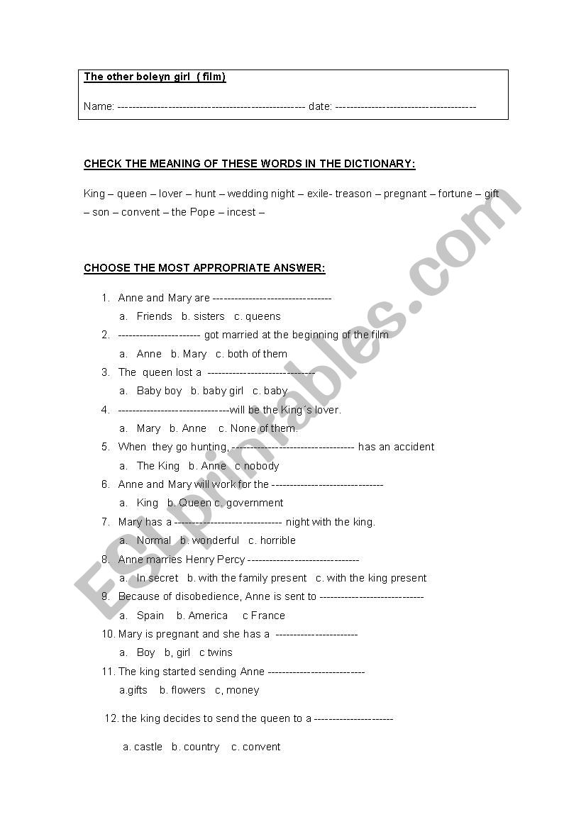 the other Boleyn girl worksheet