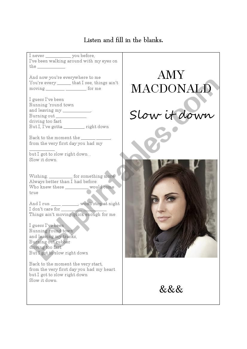 Amy Macdonald Slow it down worksheet