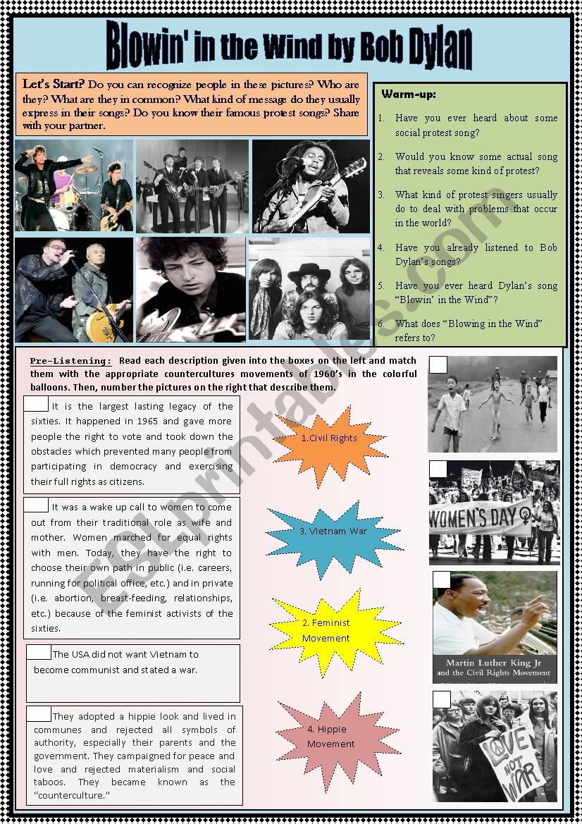 PROTEST SONGS & COUNTERCULTURE MOVEMENTS IN 1960Â´S. REVIEW GRAMMAR ON QUANTIFIER Â´MANYÂ´.  4 LANGUAGE SKILLS INTEGRATED.