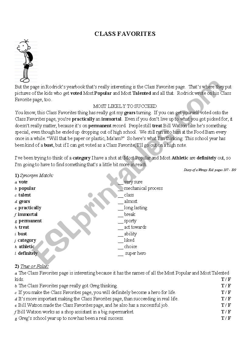 Diary of a Wimpy Kid: Worksheet Most Popular