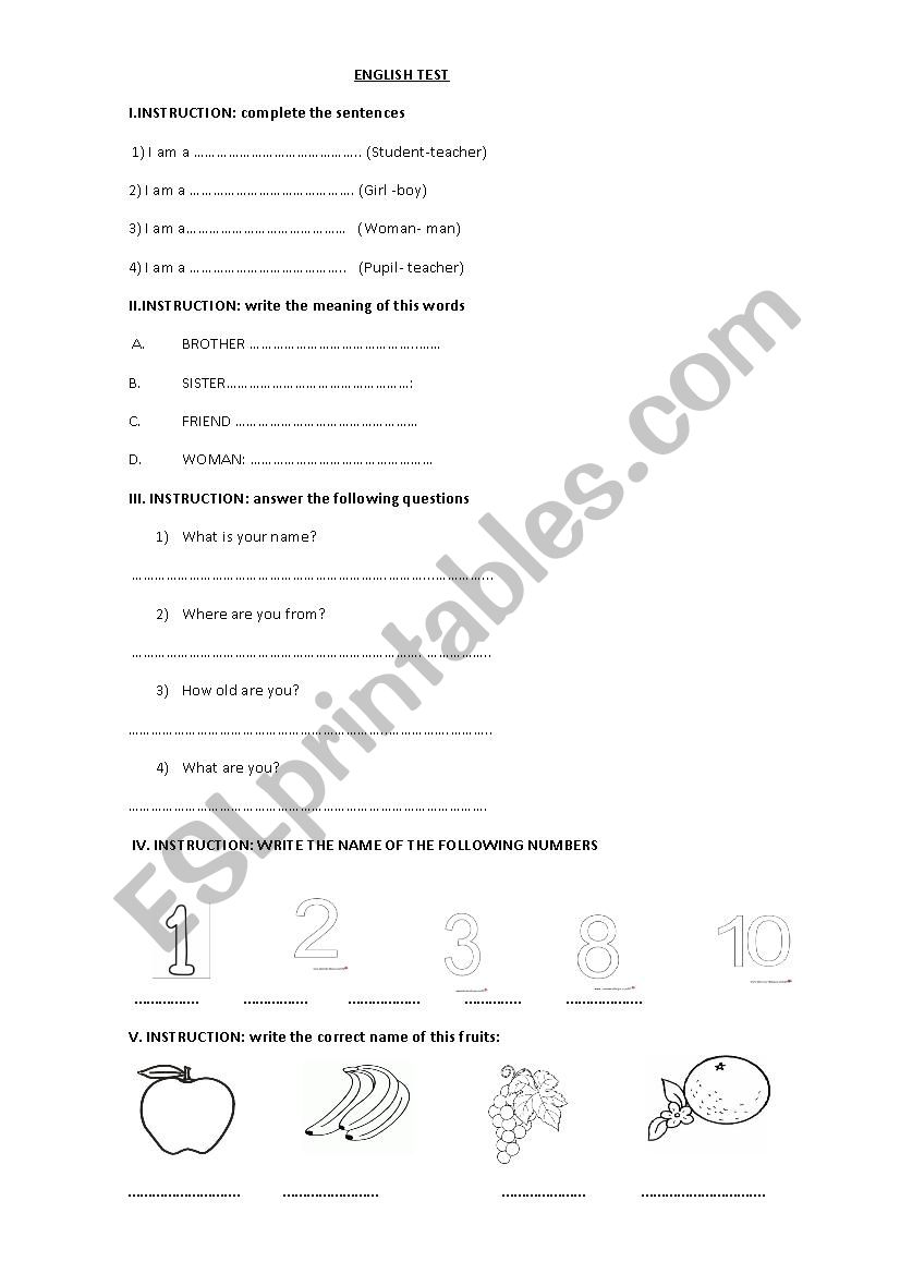 english test worksheet