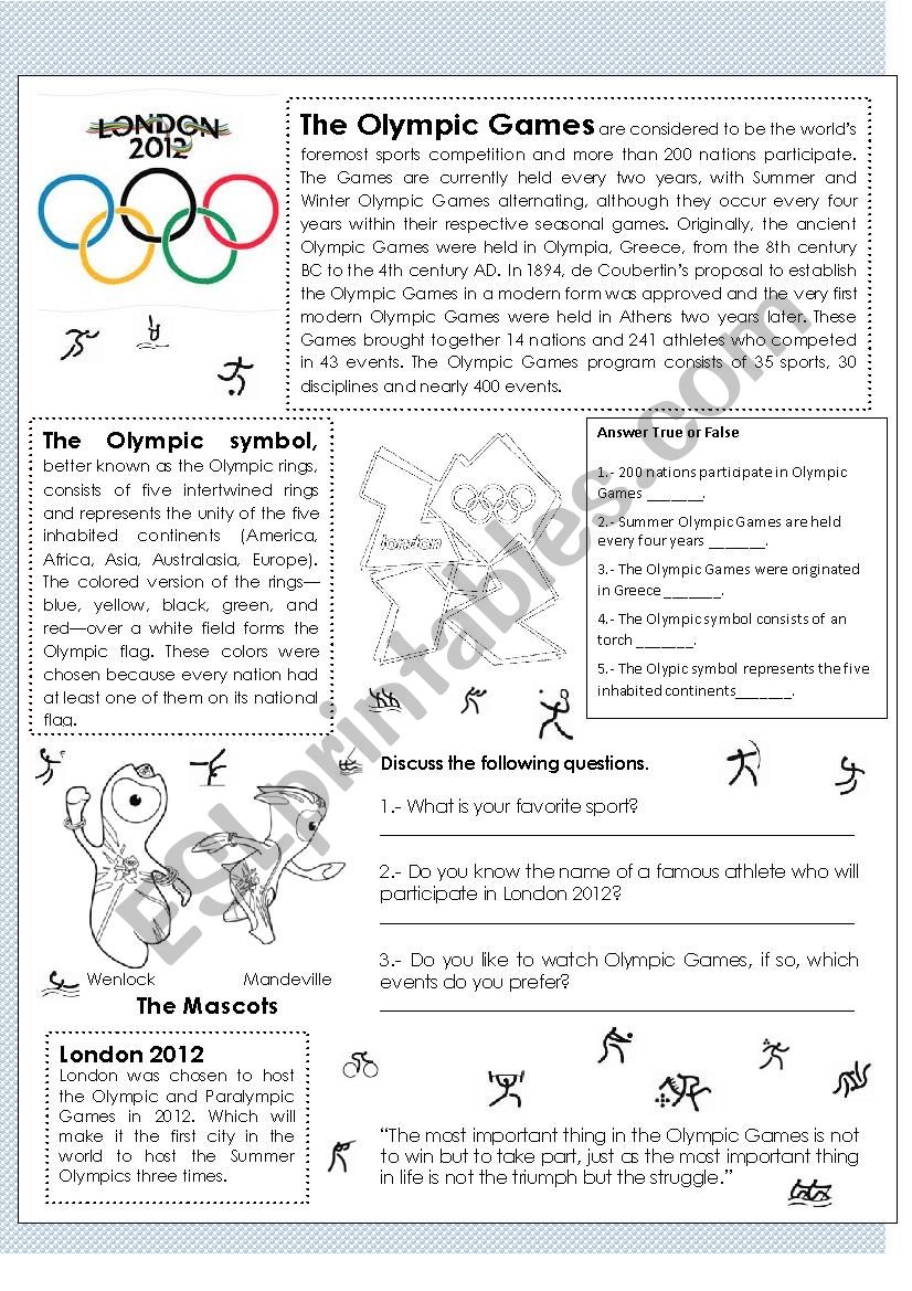 Olympic Games, London 2012 worksheet