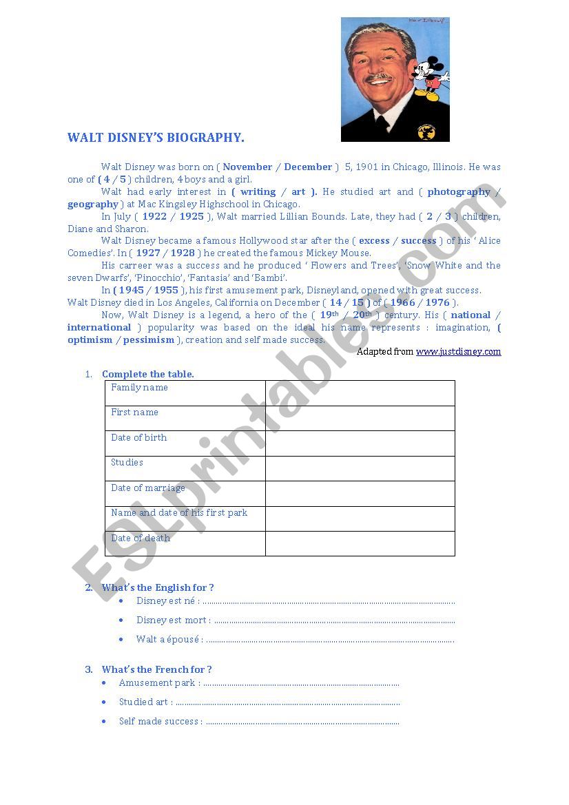 Walt DisneyÂ´s biography worksheet