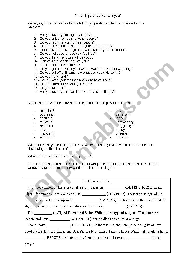 personality worksheet