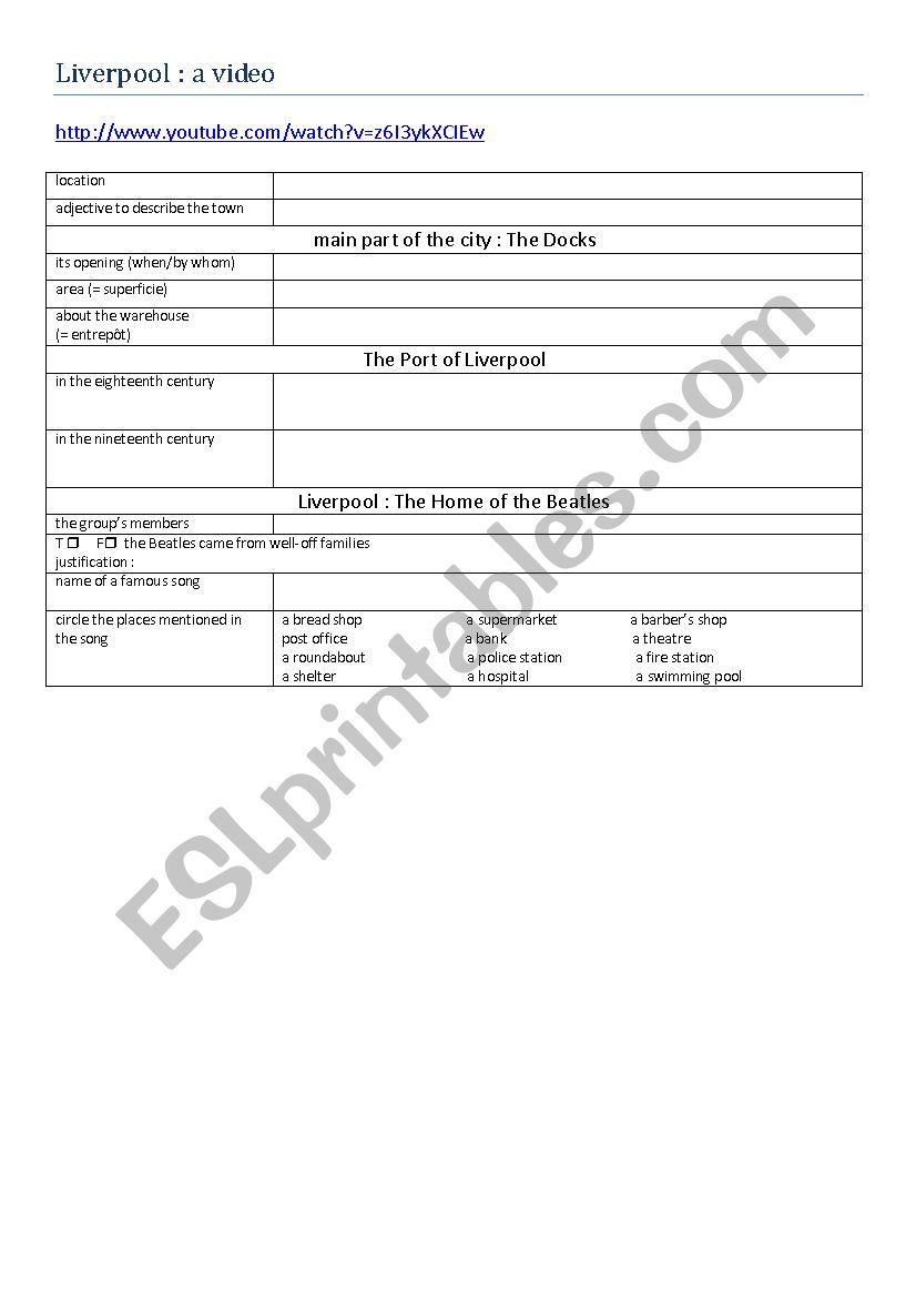 The city of Liverpool worksheet