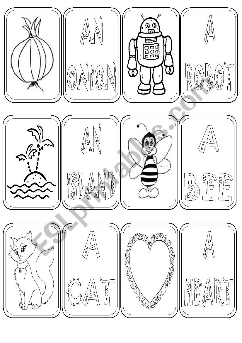 A / AN flash cards 4 / 4 B&W worksheet