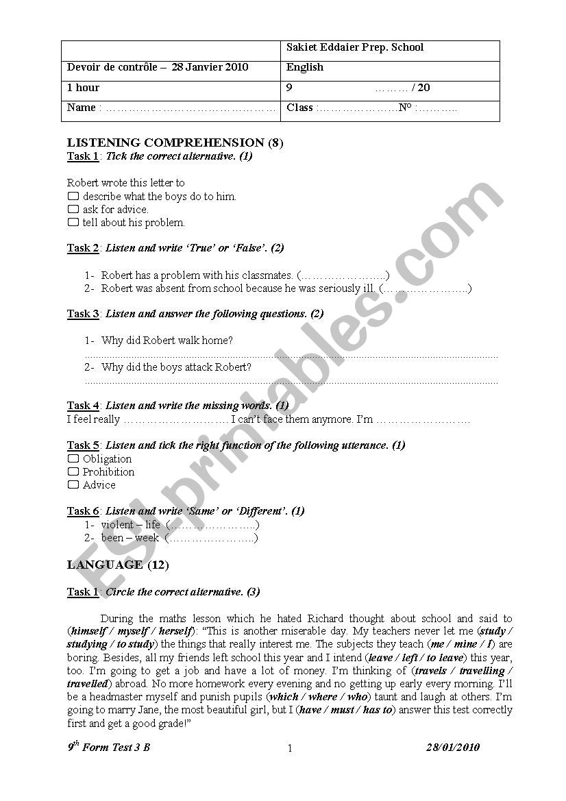 9 form test 3 worksheet