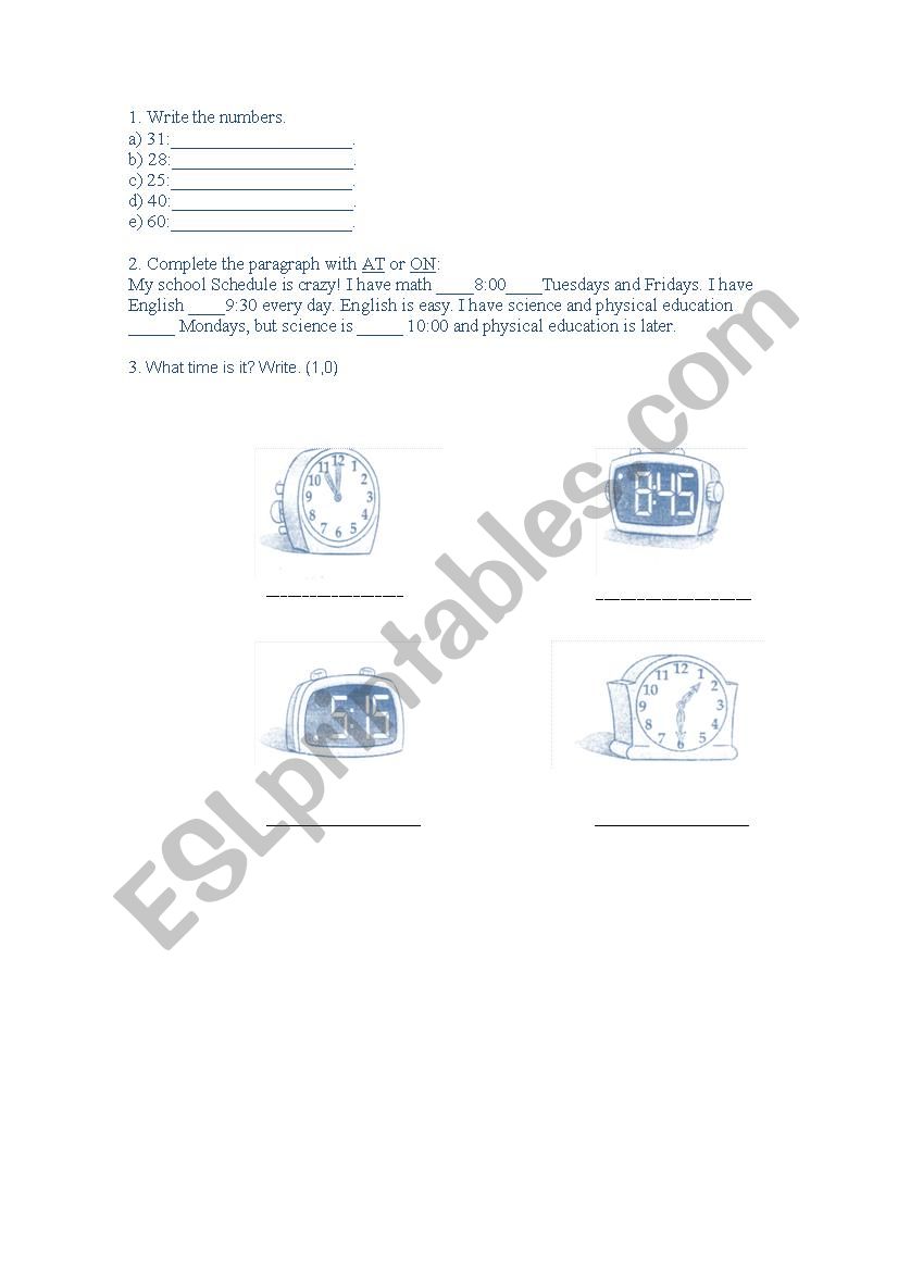 The numbers and the hours worksheet