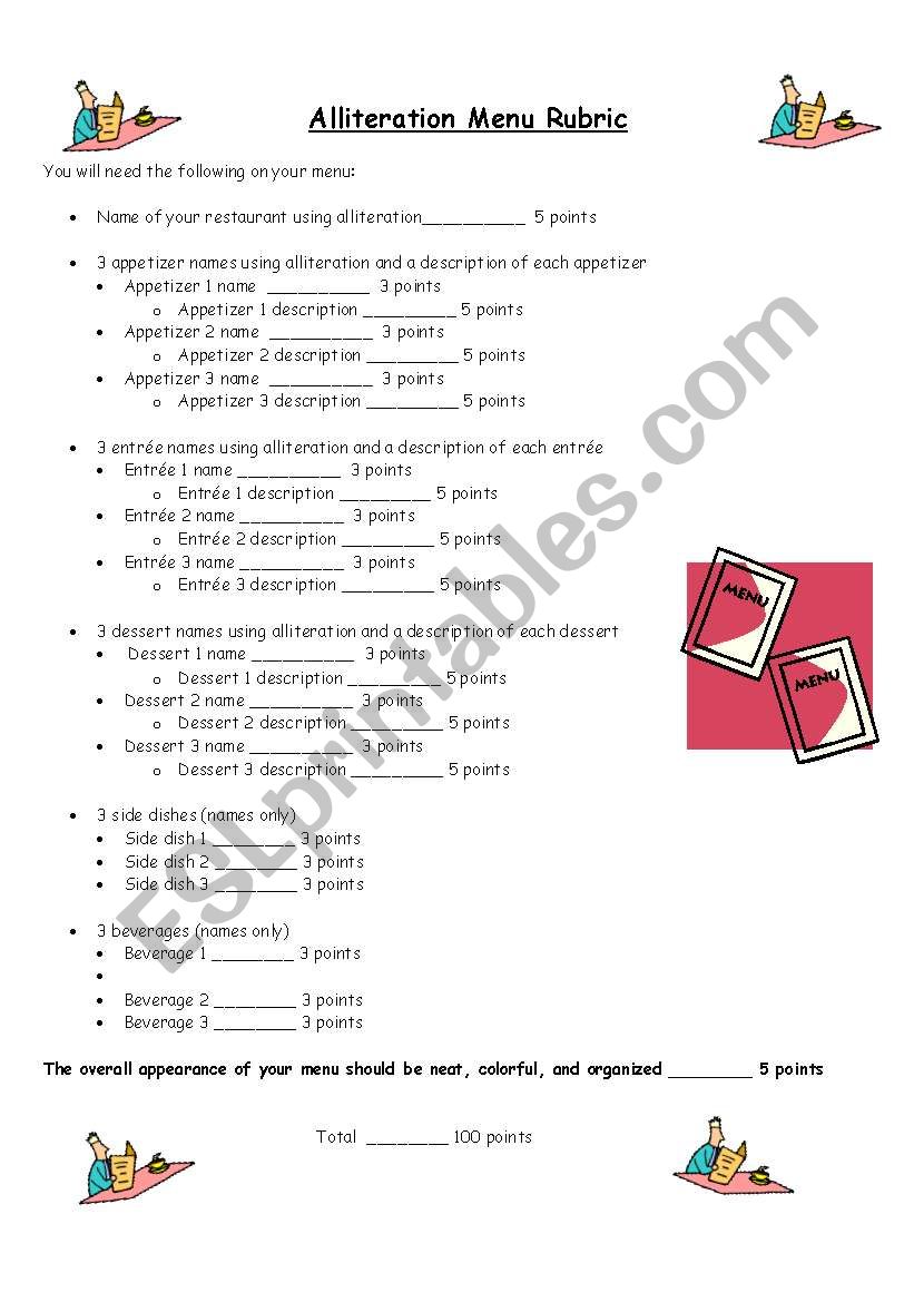 Alliteration Menu worksheet