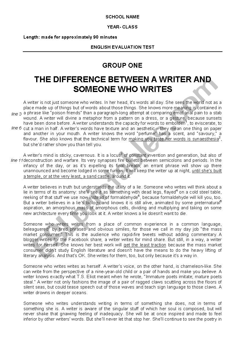 English Written Test - Text about writing