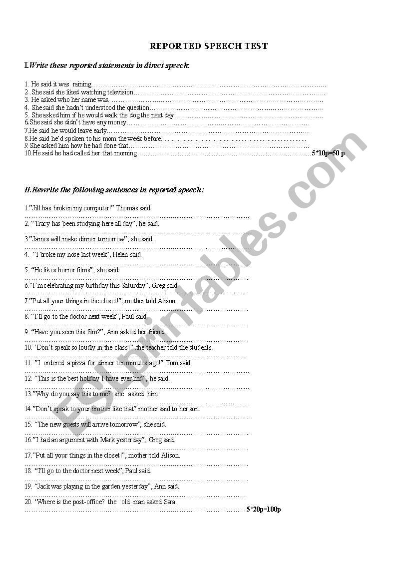 reported speech worksheet