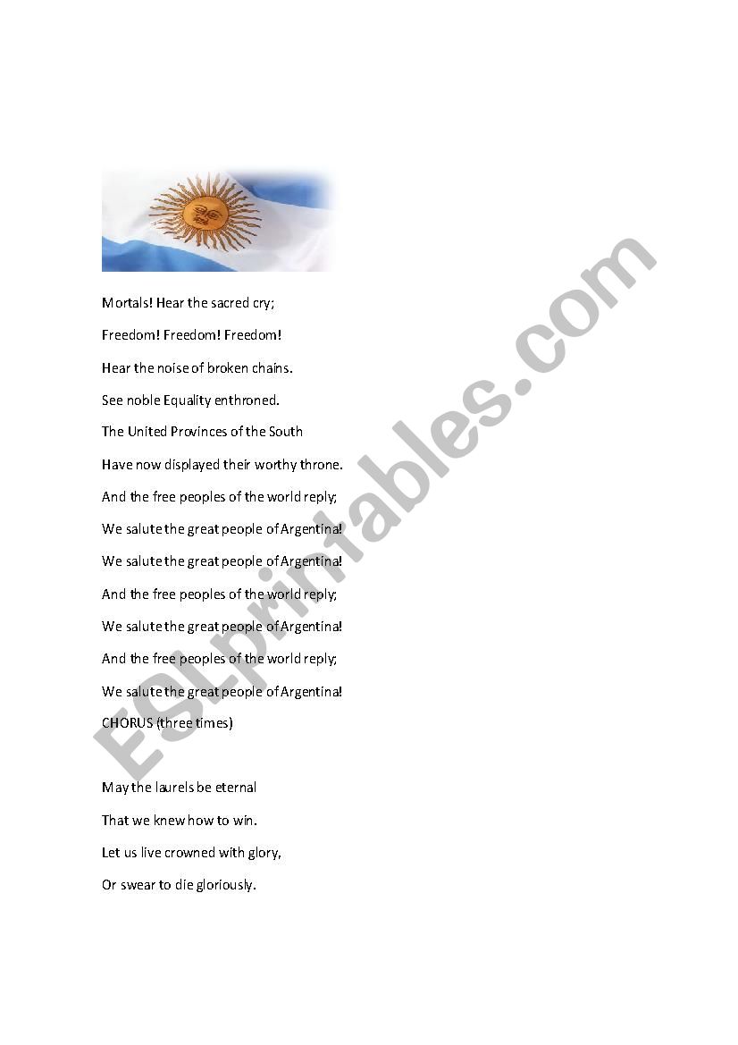 himno argentino en ingles worksheet