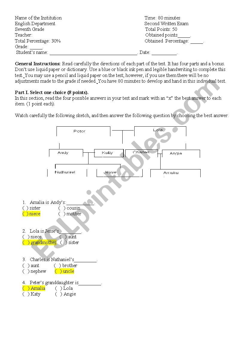 7th Grade Test: Family Members, Adjectives to describe Physical Appearance,  Comparatives and Superlatives. Key Included. Fully Editable.