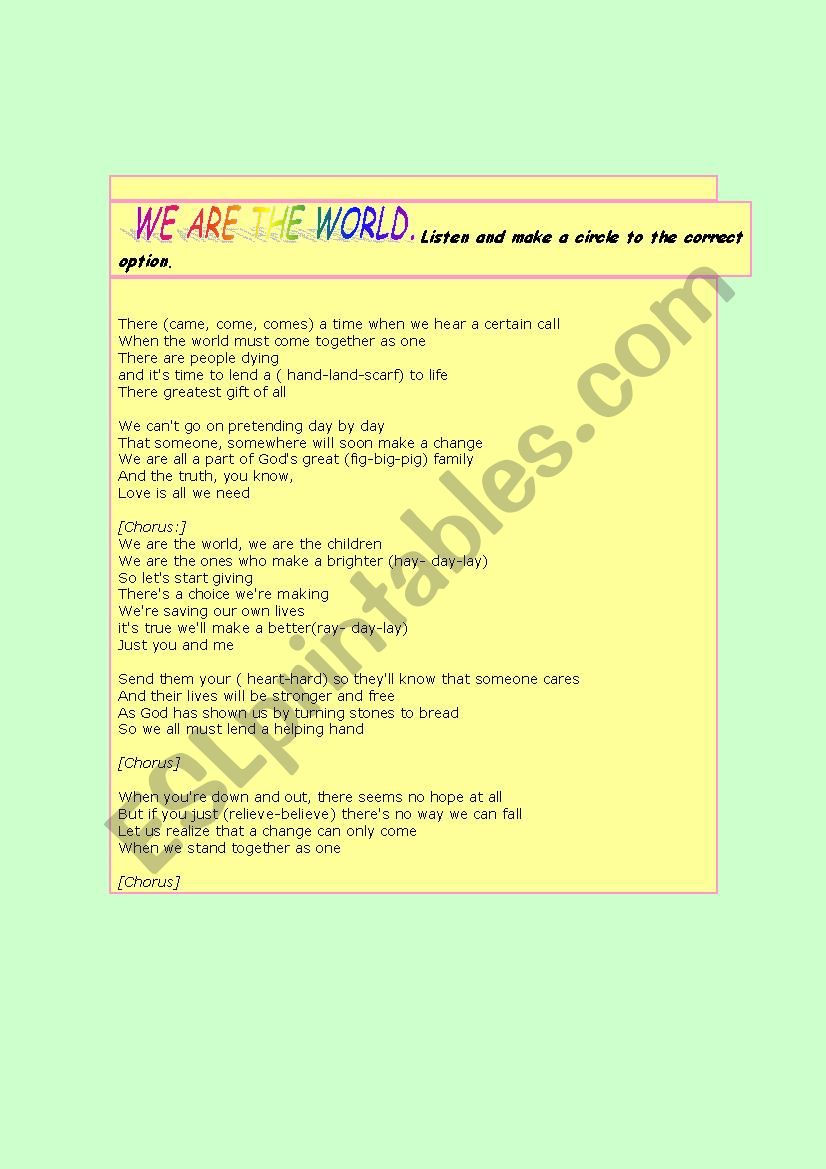 We are the world.  worksheet