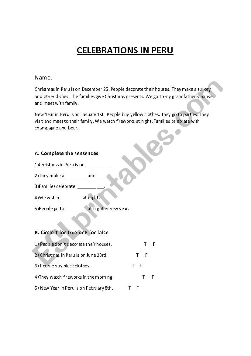 CELEBRATIONS IN PERU worksheet