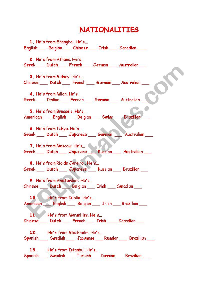 nationalities worksheet