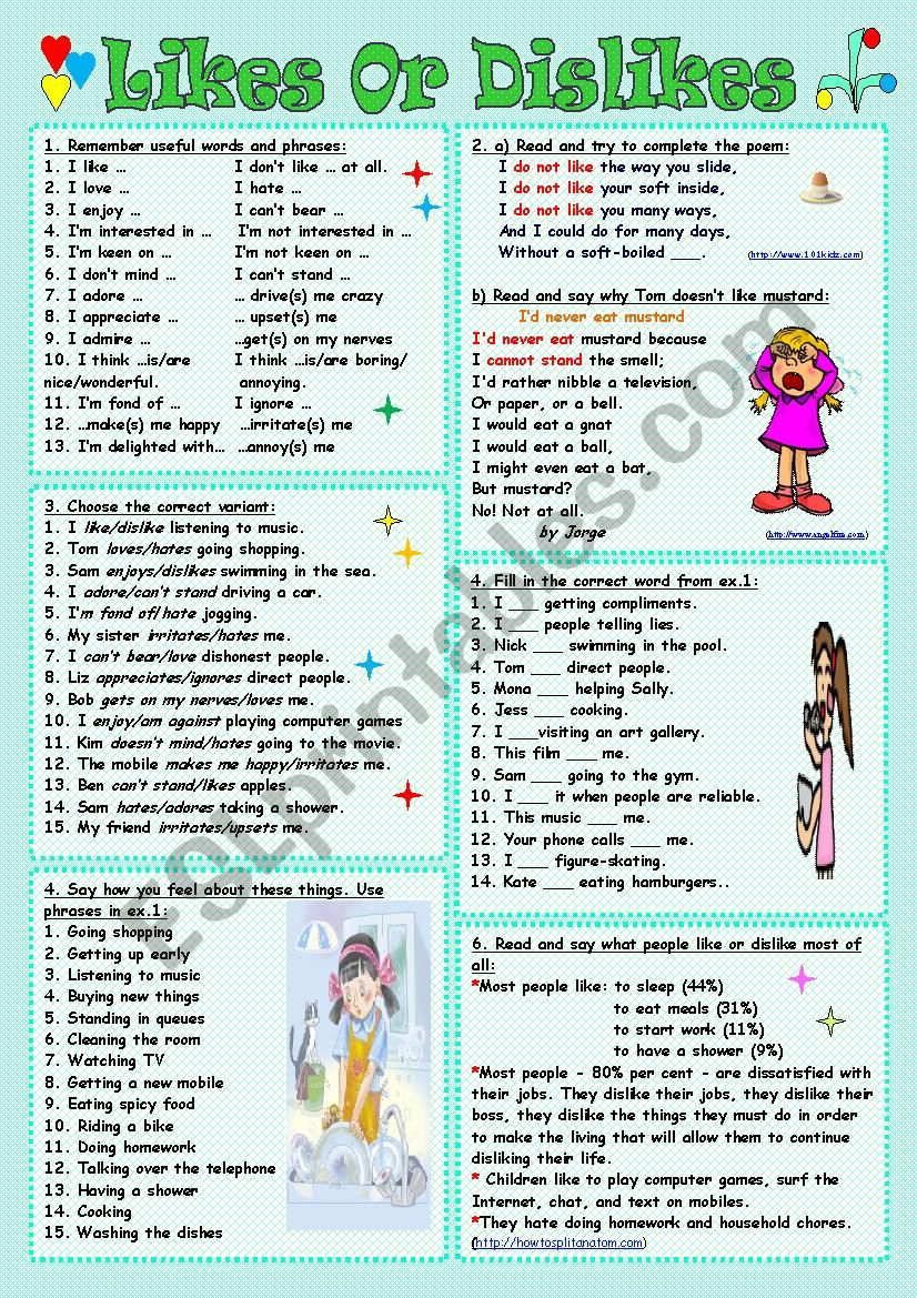 Likes or Dislikes worksheet