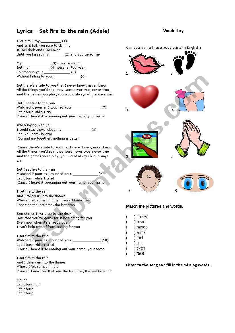 Song - Set fire to the rain worksheet