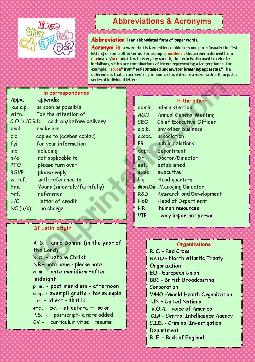 Abbreviations & Acronyms worksheet