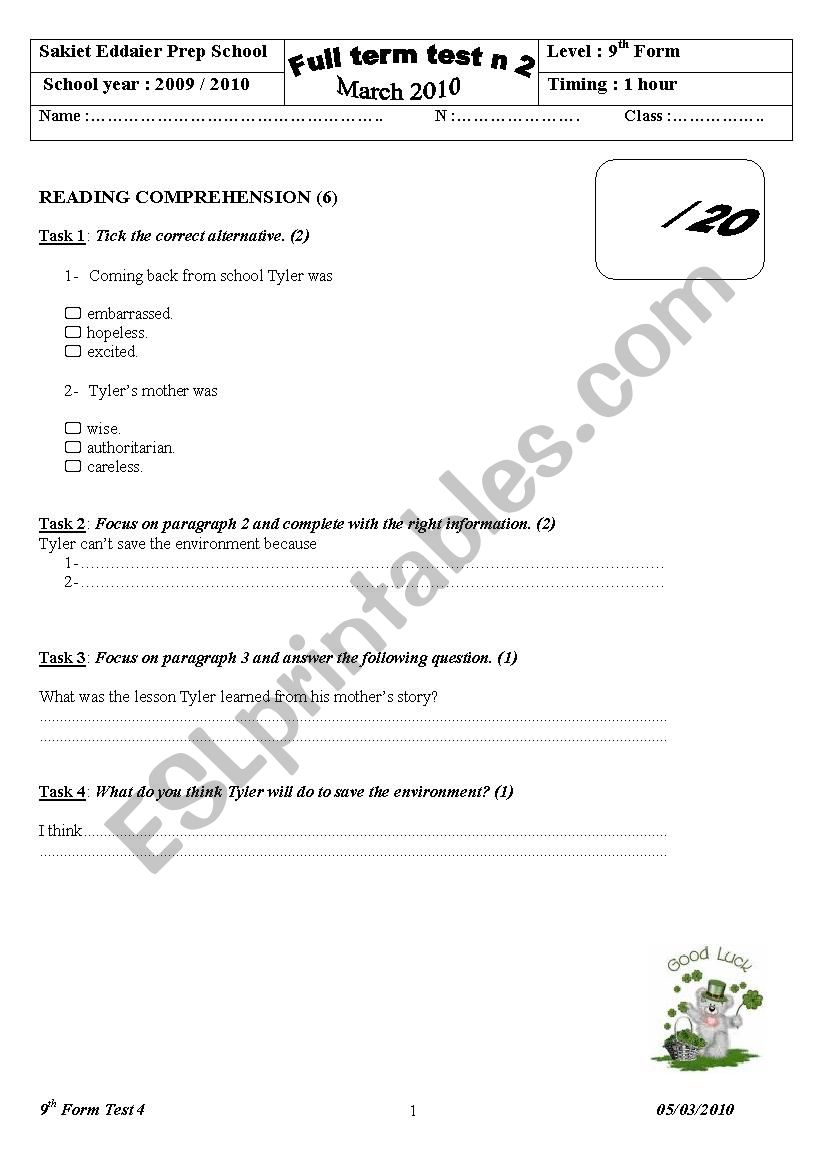 comprehensive test 9 form worksheet