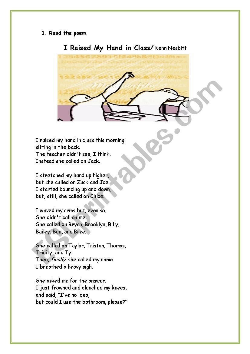 poem: I Raised My Hand in Class - 2 pages