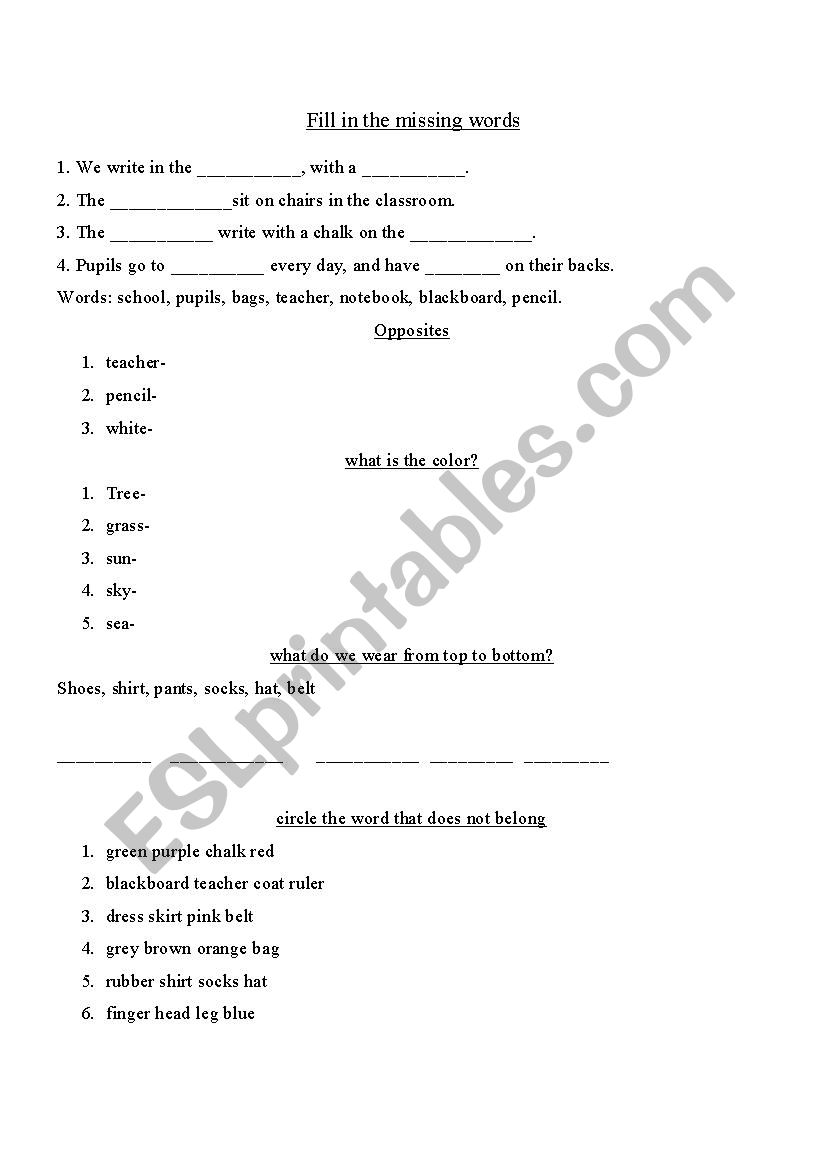 vocabulary for elementary worksheet