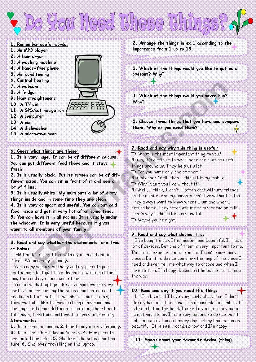 Do you need these things? worksheet