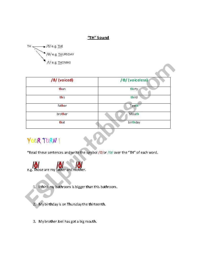 TH sound (voiced, voiceless) worksheet