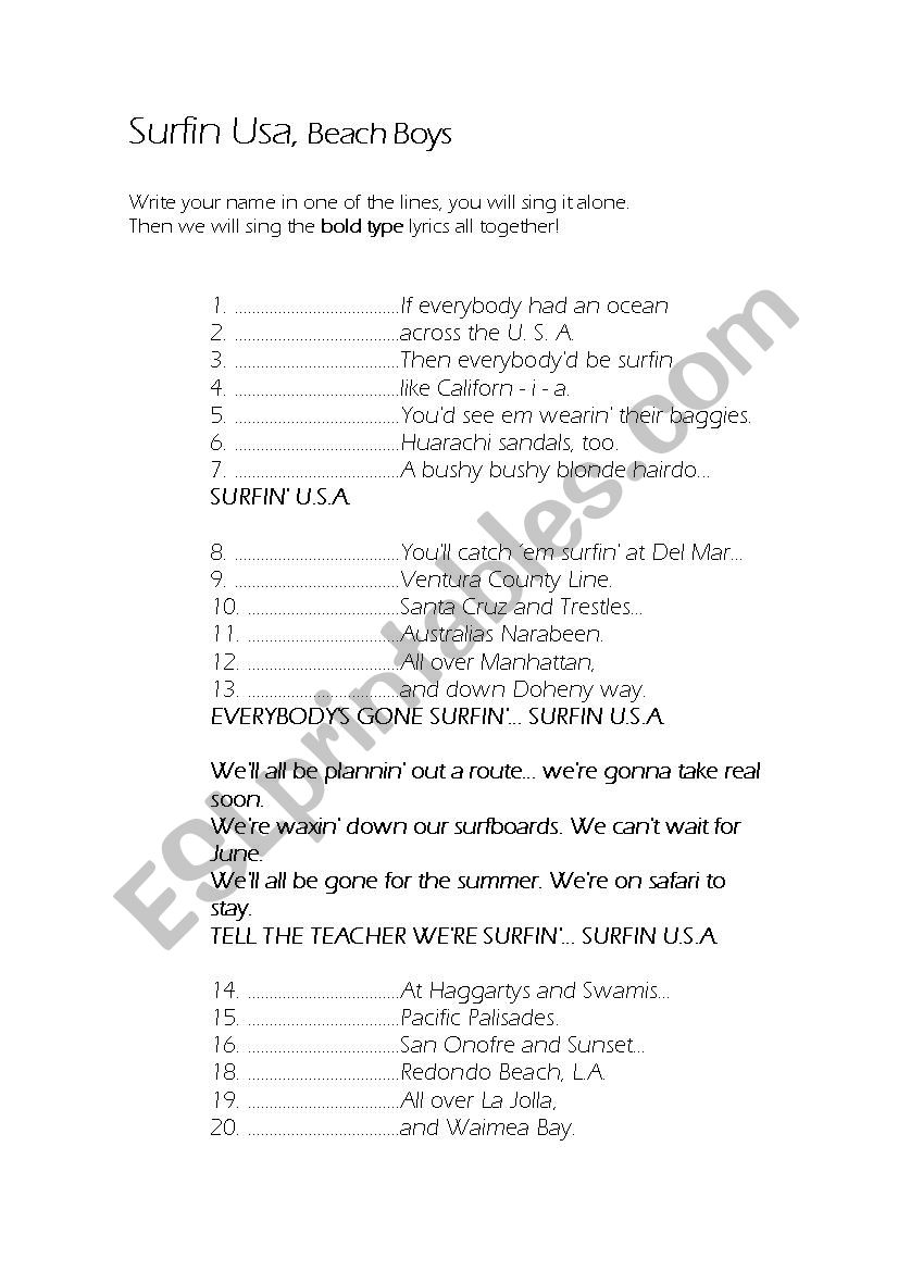 Surfin USA 1 worksheet